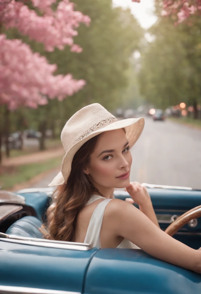 35mm portrait A beautiful woman with a hat on her head and a scarf around her neck driving a blue Beetle convertible, convertible car, Movie city and some trees with pink leaves, lighting dramatic, Ultra resolution, reflections on the ground and overcast sky, detalhamento intrincado, hiper-realista, Cinematic photorealistic, 4k