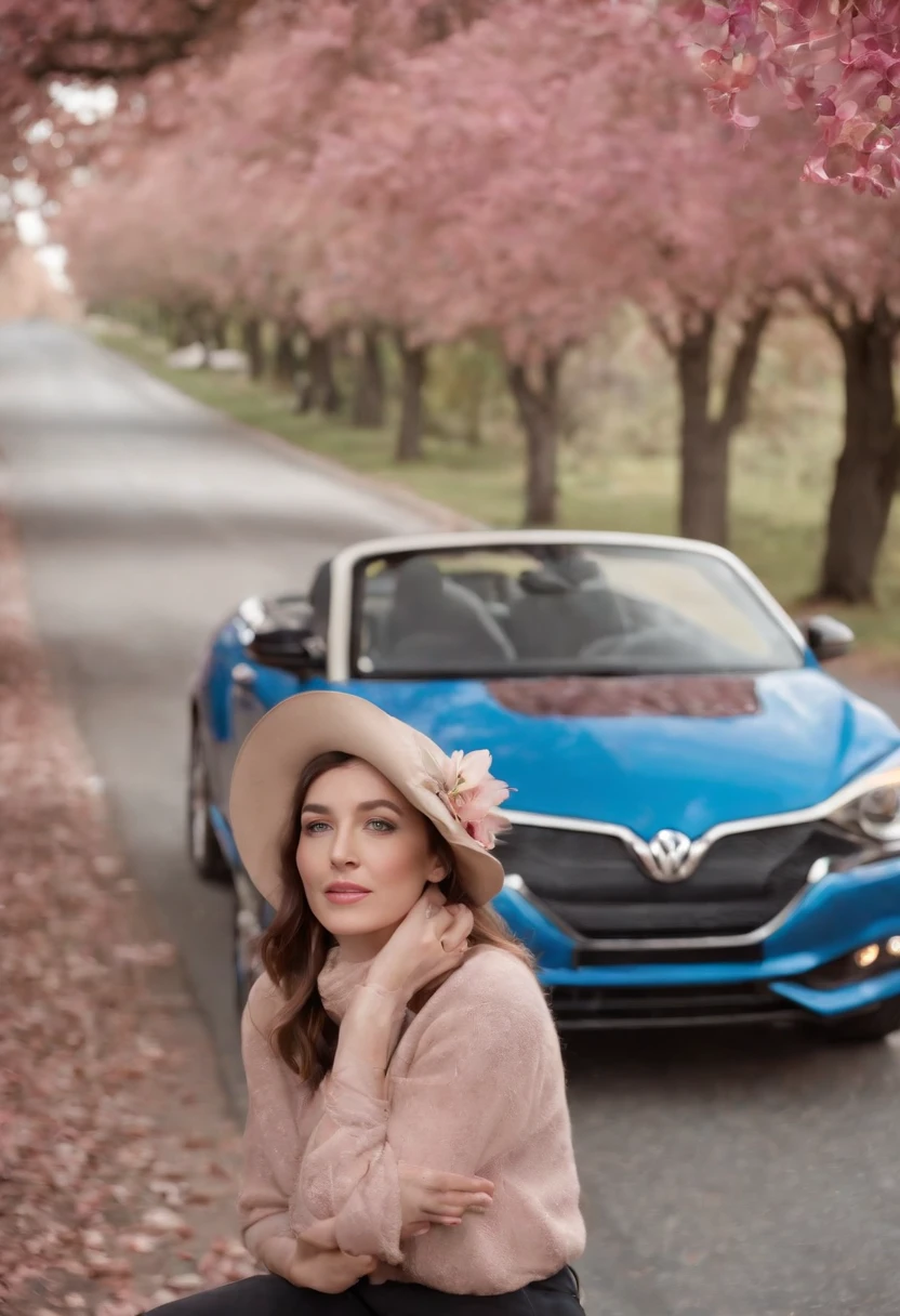 35mm portrait A beautiful woman with a hat on her head and a scarf around her neck driving a blue Beetle convertible, convertible car, Movie city and some trees with pink leaves, lighting dramatic, Ultra resolution, reflections on the ground and overcast sky, detalhamento intrincado, hiper-realista, Cinematic photorealistic, 4k