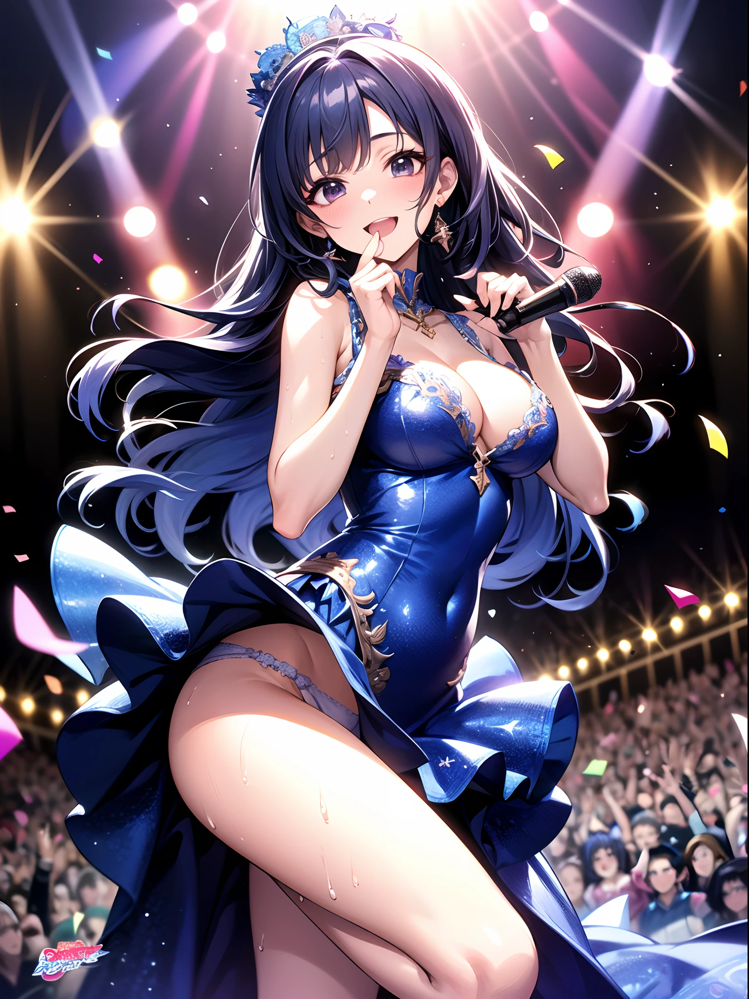 Idol girl in dress dancing on stage with confetti, Long blue hair、 Black eyes、sparkling magical girl, Best Anime 4K、anime moe art style, Detailed key anime art, official artwork, idolmaster, Cute, Gorgeous and cute white and blue dresses、Hands up、jumpping、hight resolution、The best smile、cleavage of the breast、high-heels、a frilled miniskirt、Shining lighting with neon details、Hold the microphone with your left hand and sing、light reflections、Heart-shaped iris、playful eyes、Open shoulders、Sateen、(a wet body)、Hair Jewelry、pantiy、(Cute embroidered white panties)