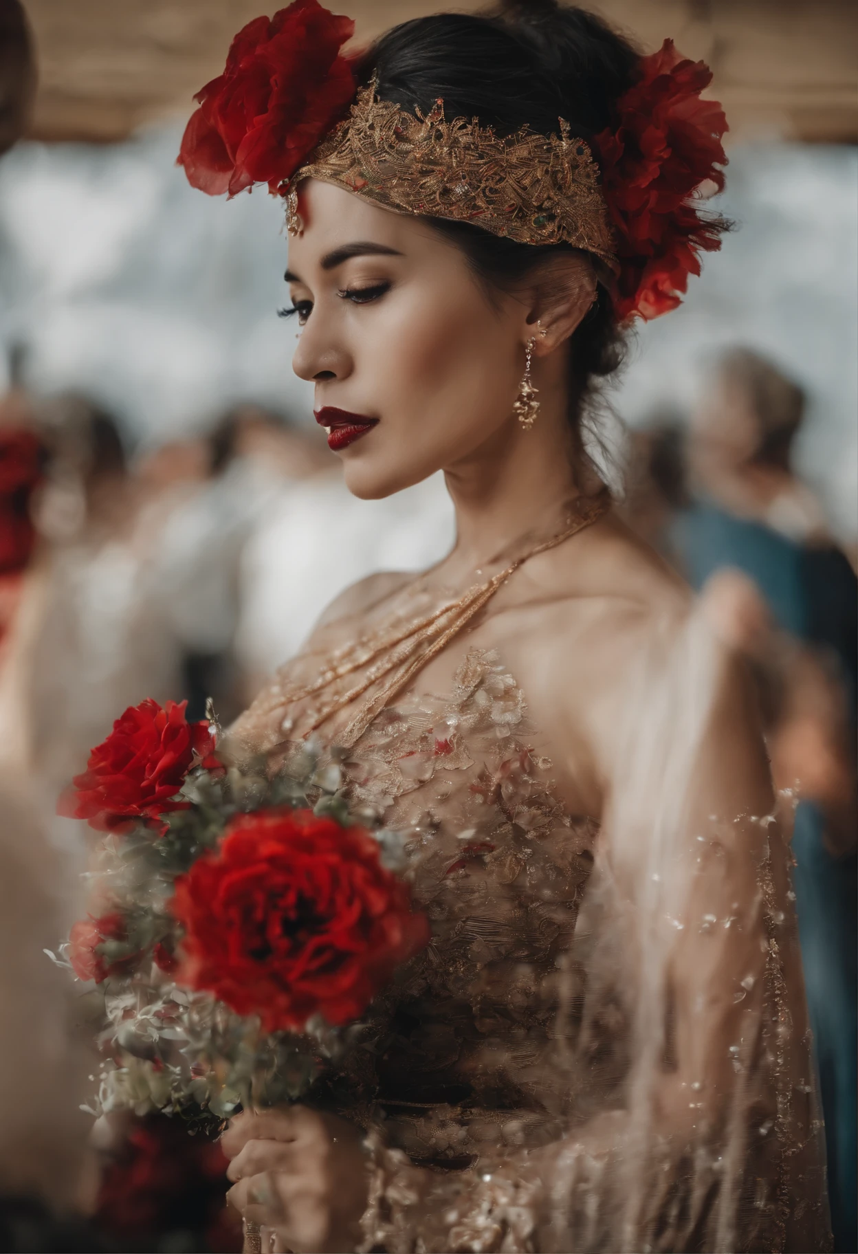 masuter piece、Tango Dancer、On stage、Intense pair dance、Sexy costume、Bright red flower hair ornament、Long red and black dress with slits、A detailed face、Glittering lighting、full body wide shot