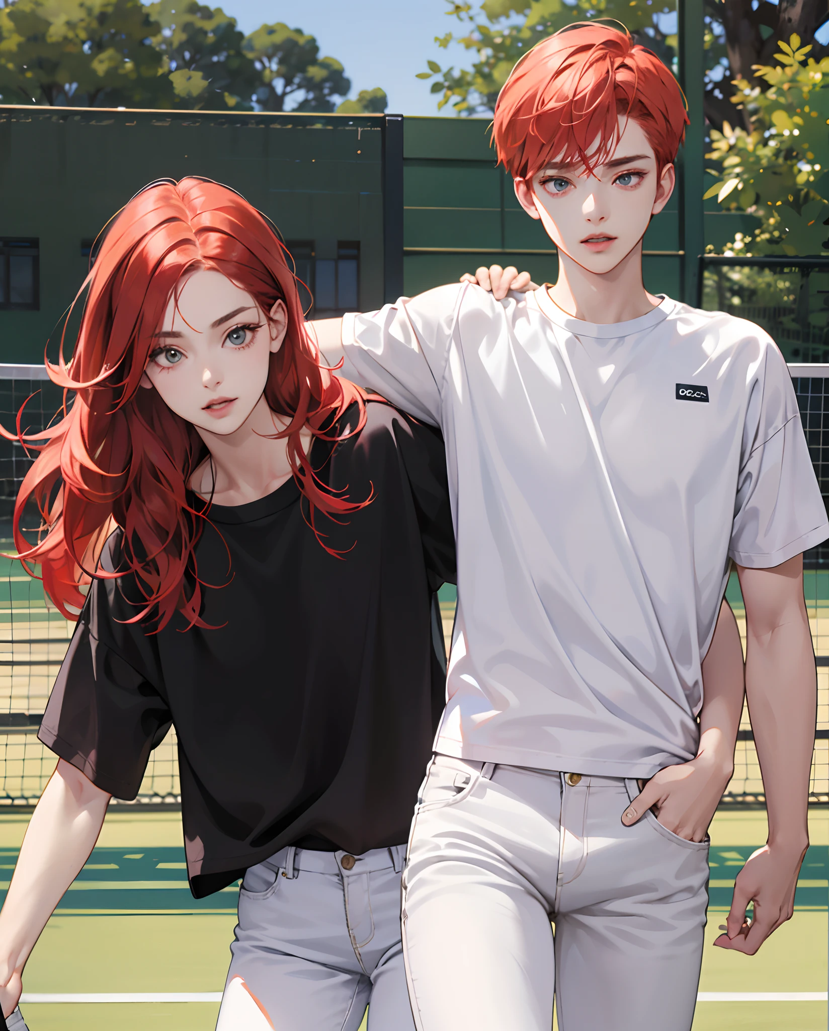 A 30-year-old redhead woman in a white jeans blouse, white T-shirt and white tennis jeans, hair stuck with a -yeld read in a black sweatshirt. ,em uma floresta escura em volta de uma fogueira , imagem realista