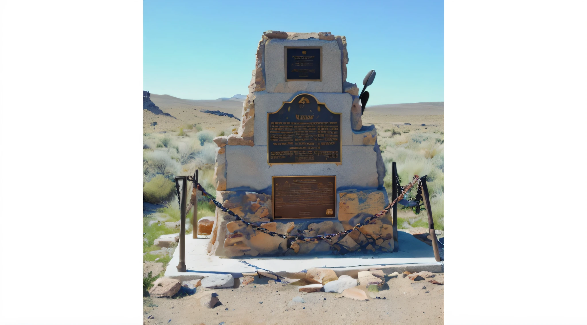 there is a monument with a plaque on it in the middle of the desert, wyoming, monument, marker, idaho, buffalo, sandy, mason, scenic full shot, thundra ufo crash site, by Dennis Ashbaugh, by Brigette Barrager, marker”, bank, place of battle, by Adam Manyoki, tank, historic, custer's last stand
