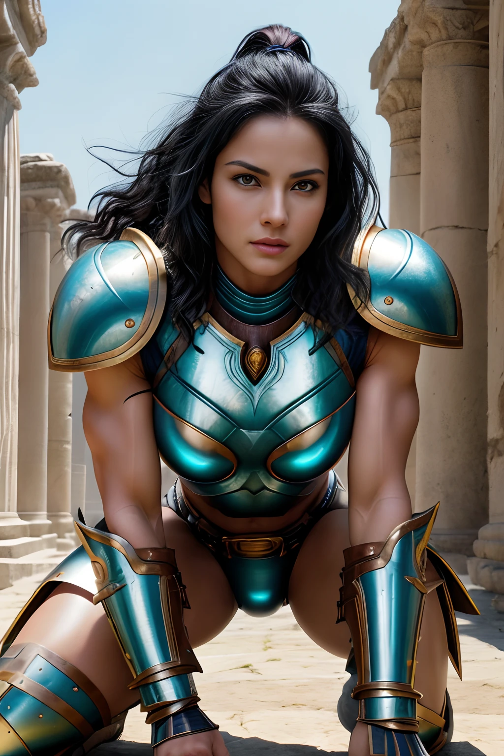 Camera eyes:1.3, (Highest Quality:1.4), (the best ever), (Ultra High Quality), (Ultra realistic 8K CG), Official art, Dynamic Pose, crouching down, Female gladiators, Beautiful young female warrior, Forehead pad, (Alyssa Sutherland:Janine Garofalo:0.5), Amazingly beautiful face, Armor and gauntlets, (Short black hair:1.2), hair messy, muscular_Body:1.4, (Chiseled metal breastplate), tight ??????, White skin, (Tight abs), Tight thighs, Ancient Roman city background, Sunlight creates a beautiful gradient of shadows、 (Light colors, Light colors, Light tones:1.3), Low saturation, (Hyper-detailing:1.2), Perfect ???????, Shining eyes, (Facing Camera), Smiling:1.3,