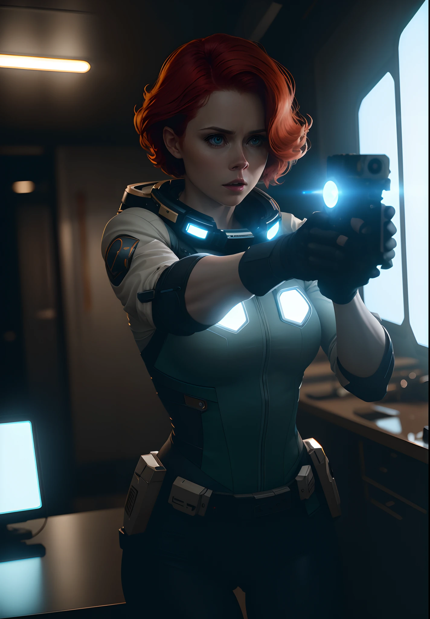 Hot terrified Sci fi Amy Adams with short hair holding a sci fi pistol on Ishimura Horror Space Ship photography, natural light, photorealism, cinematic rendering, ray tracing, the highest quality, the highest detail, Cinematic, Third-Person View, Blur Effect, Long Exposure, 8K, Ultra-HD, Natural Lighting, Moody Lighting, Cinematic Lighting