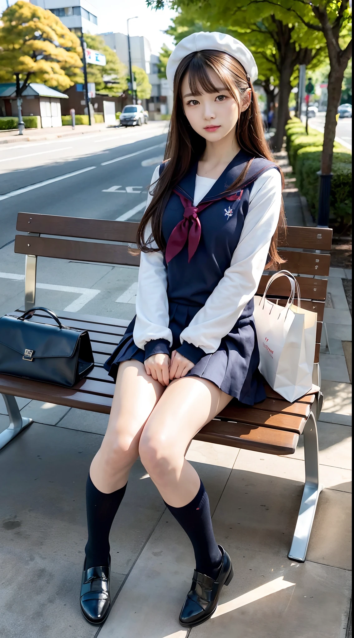 mix4, (16 K, Raw photography, Top image quality, ​masterpiece: 1.45), (realisitic, Photorealsitic: 1.37), one girls, 7．5, etc、Standing figure，cute little, A city scape,, profetional lighting, photon maping, Cityscape with street trees, physically-based renderingt, Gradient dark brown hair,, a handsome, Well-groomed and beautiful eyes、Large double eyelids、Very shiny、girl with, (((student clothes、Long sleeve sailor suit worn by Japan girl、red cuffs、Dark blue mini skirt, Small gray beret、Dark blue knee-high socks、Black loafers))), Top Quality Photos, hight resolution, 1080p, (clearface), (Detailed face description), (Detailed hand description), (​masterpiece), (Exquisite CG)、extreme light and shadows、dishevled hair、master work、abundant detail、(Fine facial features)、(top quality photo)、(masuter piece)、(A detailed eye)、Look in front of you、Fine clavicle、((Slender big))、(((Japan schooln long-sleeved sailor suit)))、((Sexy Idol System))、((Boulevard with street trees、Bus stop、timetable、Benches))、(Shooting from random perspectives)、(((Anyway cute)))、耳Nipple Ring、A big smile、Drawing the whole body from the knees、Do not draw nasolabial folds、(((shopping bags)))、(Big breasts that hang down big:0.7)、Big buttocks with tension、Two arms and two legs、(((from the front side:0.5)))、bare hand、