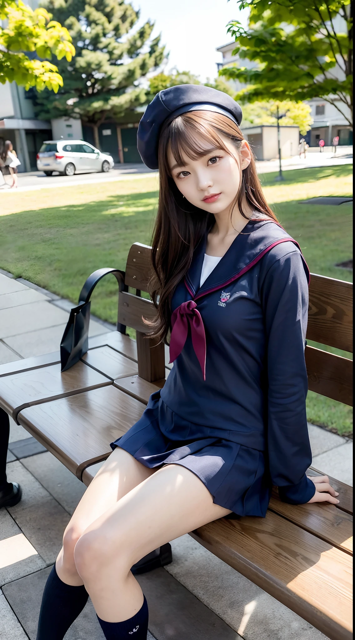 mix4, (16 K, Raw photography, Top image quality, ​masterpiece: 1.45), (realisitic, Photorealsitic: 1.37), one girls, 7．5, etc、Standing figure，cute little, A city scape,, profetional lighting, photon maping, Cityscape with street trees, physically-based renderingt, Gradient dark brown hair,, a handsome, Well-groomed and beautiful eyes、Large double eyelids、Very shiny、girl with, (((student clothes、Long sleeve sailor suit worn by Japan girl、red cuffs、Dark blue mini skirt, Small gray beret、Dark blue knee-high socks、Black loafers))), Top Quality Photos, hight resolution, 1080p, (clearface), (Detailed face description), (Detailed hand description), (​masterpiece), (Exquisite CG)、extreme light and shadows、dishevled hair、master work、abundant detail、(Fine facial features)、(top quality photo)、(masuter piece)、(A detailed eye)、Look in front of you、Fine clavicle、((Slender big))、(((Japan schooln long-sleeved sailor suit)))、((Sexy Idol System))、((Boulevard with street trees、Bus stop、timetable、Benches))、(Shooting from random perspectives)、(((Anyway cute)))、耳Nipple Ring、A big smile、Drawing the whole body from the knees、Do not draw nasolabial folds、(((shopping bags)))、(Big breasts that hang down big:0.7)、Big buttocks with tension、Two arms and two legs、(((from the front side:0.5)))、bare hand、