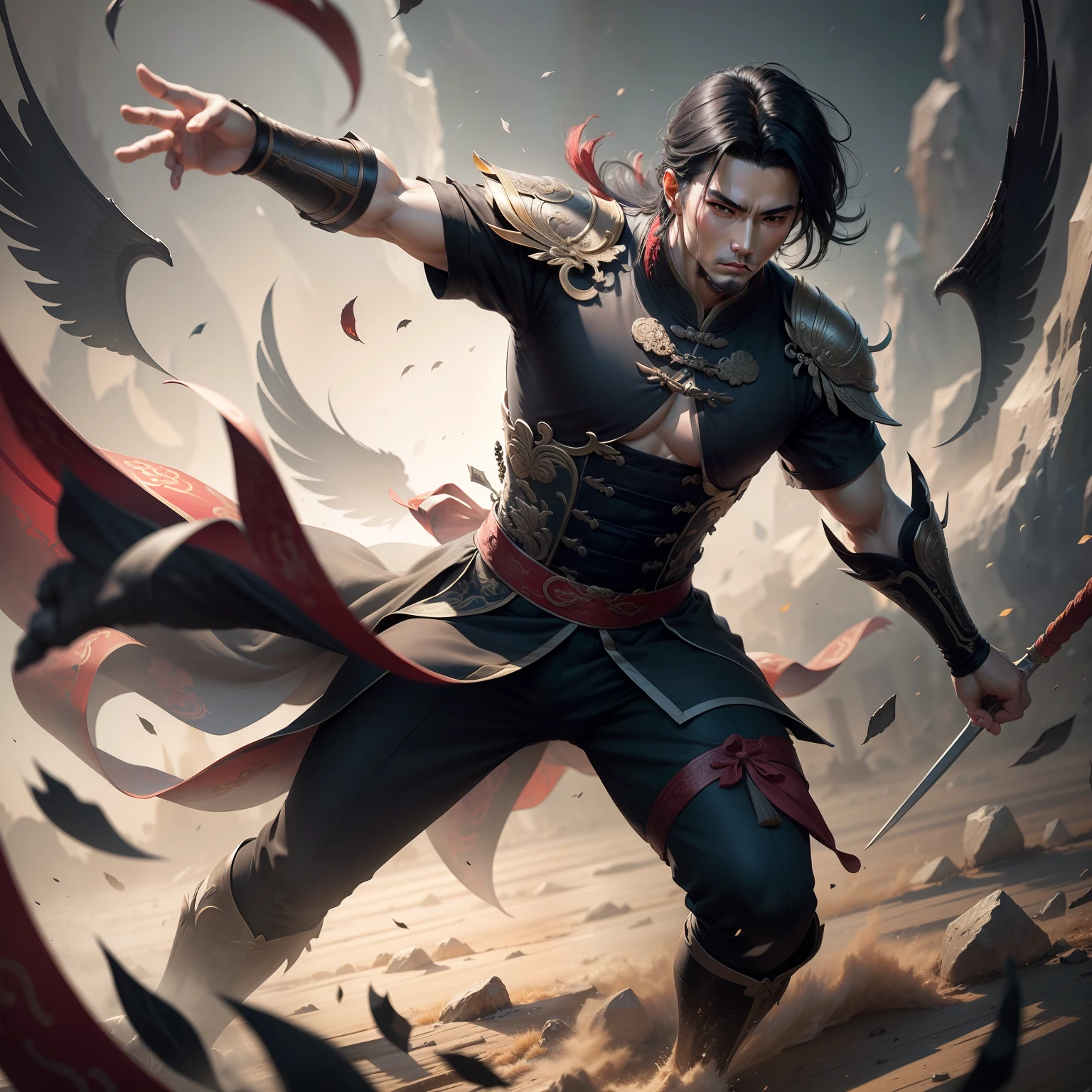 Ancient China handsome man,flutter black hair in battle ,dynamic pose,Rich background, soft light, atmonspher lighting,Front view,full length shot,oil painting texture ,gray feeling in the middle of chinese ink