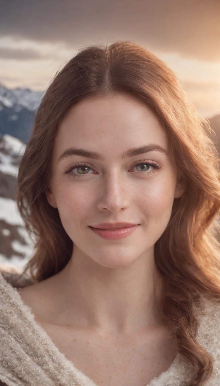 portrait of beautiful smiling woman with some freckles, snow-covered mountain landscape background,perfect eyes, dramatic lighting, golden ratio details aesthetic octane render excellent composition natural textures 8k masterpiece canon eos r4s 50, perfect eyes