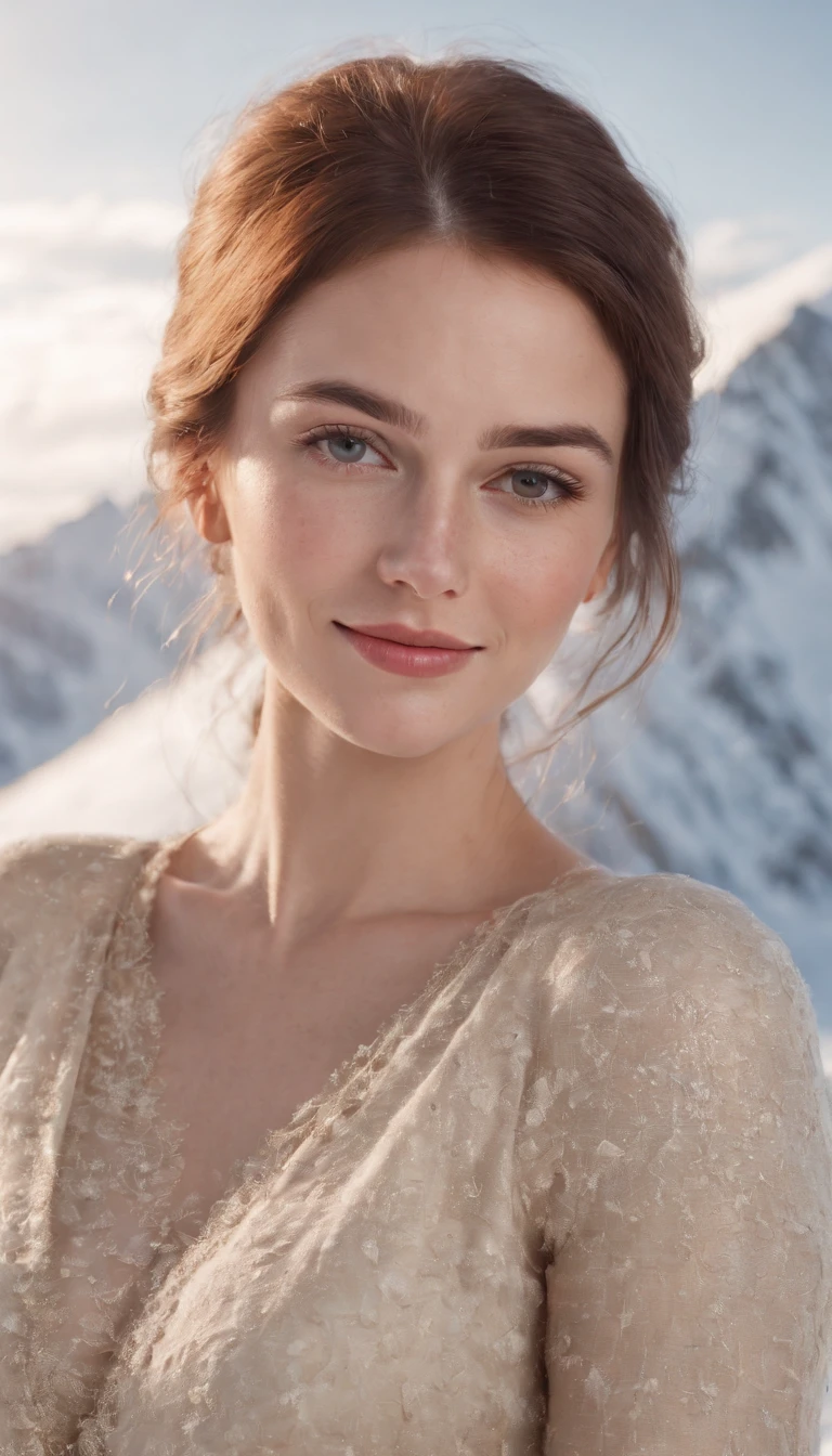 portrait of beautiful smiling woman with some freckles, snow-covered mountain landscape background,perfect eyes, dramatic lighting, golden ratio details aesthetic octane render excellent composition natural textures 8k masterpiece canon eos r4s 50, perfect eyes