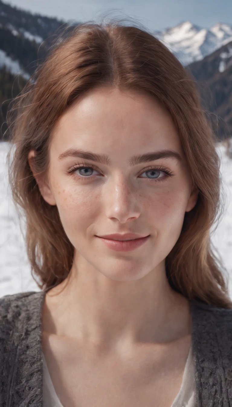 portrait of beautiful smiling woman with some freckles, snow-covered mountain landscape background,perfect eyes, dramatic lighting, golden ratio details aesthetic octane render excellent composition natural textures 8k masterpiece canon eos r4s 50, perfect eyes
