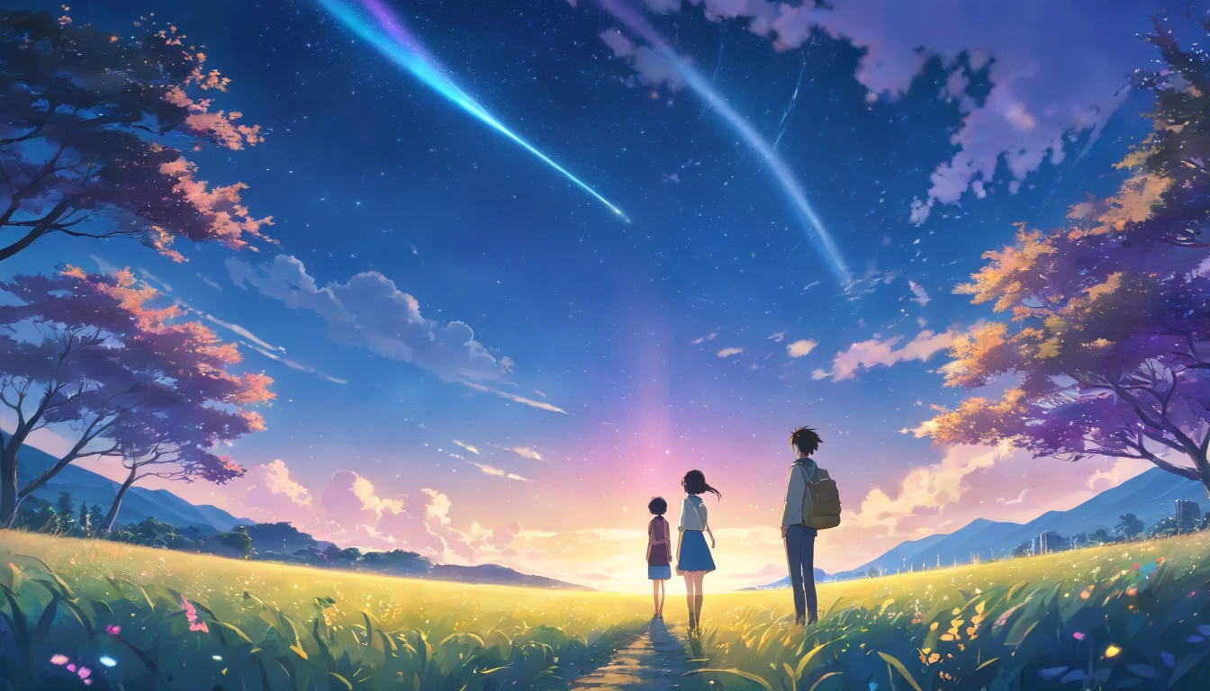 Makoto Shinkai, Expansive landscape photograph , (View from below，Displays the sky above and the clearing below), couple standing on flower field looking up, (full moon:1.2), ( meteors:0.9), (Starcloud:1.3), Far Mountain, Tree BREAK Production Art, (Warm light source:1.2), (Firefly:1.2), lamp lights, lots of purples and oranges, Intricate details, Volumetric lighting BREAK (Masterpiece:1.2), (Best quality), 4K, Ultra-detailed, (Dynamic composition:1.4), Highly detailed, Colorful details,( Iridescent colors:1.2), (luminouslighting, Atmospheric lighting), Dreamy, magical, (Solo:1.2)