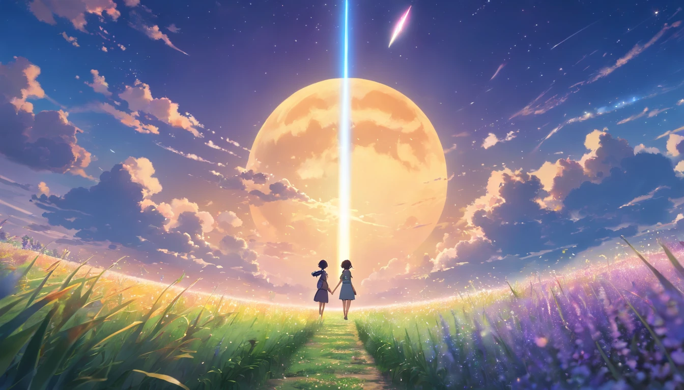 Makoto Shinkai, Expansive landscape photograph , (View from below，Displays the sky above and the clearing below), couple standing on flower field looking up, (full moon:1.2), ( meteors:0.9), (Starcloud:1.3), Far Mountain, Tree BREAK Production Art, (Warm light source:1.2), (Firefly:1.2), lamp lights, lots of purples and oranges, Intricate details, Volumetric lighting BREAK (Masterpiece:1.2), (Best quality), 4K, Ultra-detailed, (Dynamic composition:1.4), Highly detailed, Colorful details,( Iridescent colors:1.2), (luminouslighting, Atmospheric lighting), Dreamy, magical, (Solo:1.2)