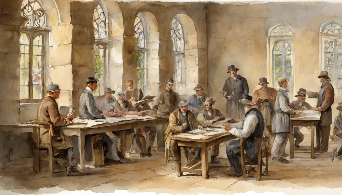 Six men in their twenties,Sit side by side from left to right in the room,A boy holds an architectural drawing in his hand, A boy holds a wooden ruler in his hand,A boy holds a drawing board in his hand,A boy holds a paintbrush in his hand,Two boys talking to each other,Make a gesture at something,Background: A long wooden table,Above are European stone houses from the first half of the 20th century, High quality shadows, High quality of light, High quality clothing, Masterpiece picture quality, max detail, Masterpiece quality.
