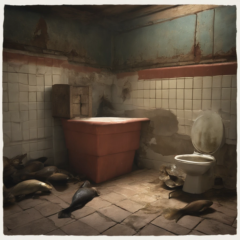 A disaster full of evil miasma and cursed and emitting a strong grudge々Old Altar、Old bathroom walls with dirty, peeling tiles and cracks、Contaminated and cloudy turbid currents flowing on the floor littered with rotting dead aquatic creatures, food waste, feces, vomit, and rotting seafood、Fat Japan woman in her 20s vomiting with mouth wide open with an expression of anguish