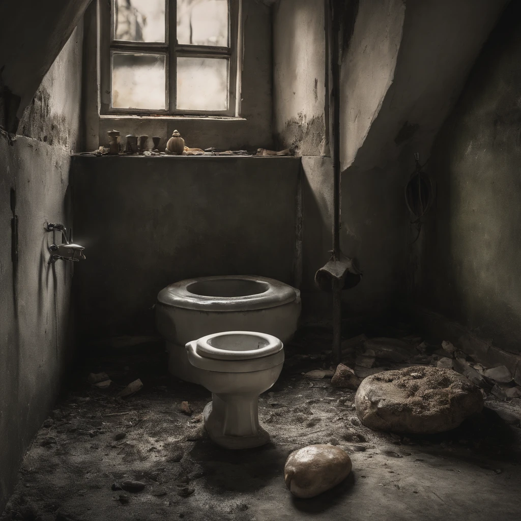 A disaster full of evil miasma and cursed and emitting a strong grudge々Old Altar、Old bathroom walls with dirty, peeling tiles and cracks、Contaminated and cloudy turbid currents flowing on the floor littered with rotting dead aquatic creatures, food waste, feces, vomit, and rotting seafood、Fat Japan woman in her 20s vomiting with mouth wide open with an expression of anguish