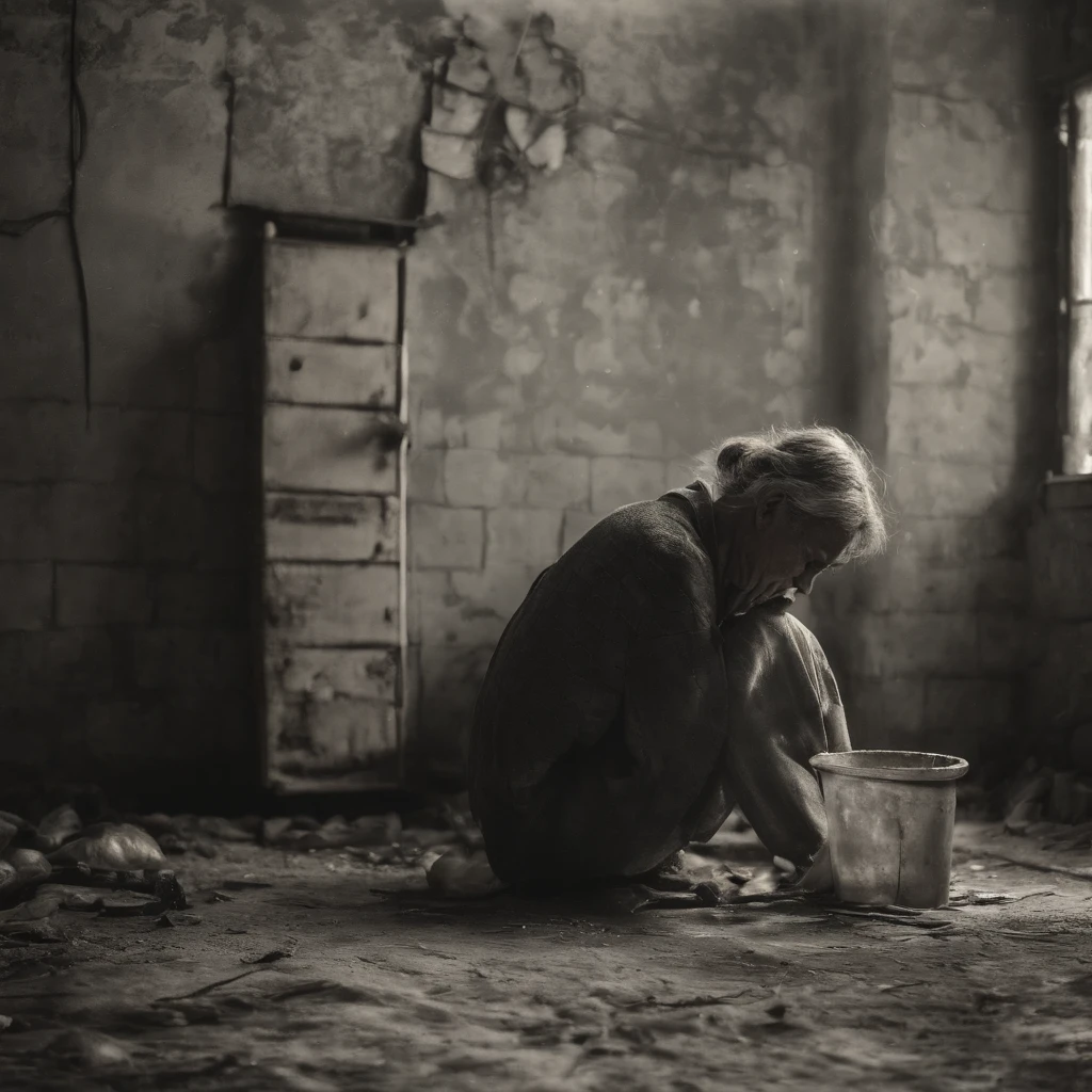 A disaster full of evil miasma and cursed and emitting a strong grudge々Old Altar、Old bathroom walls with dirty, peeling tiles and cracks、Contaminated and cloudy turbid currents flowing on the floor littered with rotting dead aquatic creatures, food waste, feces, vomit, and rotting seafood、Fat Japan woman in her 20s vomiting with mouth wide open with an expression of anguish