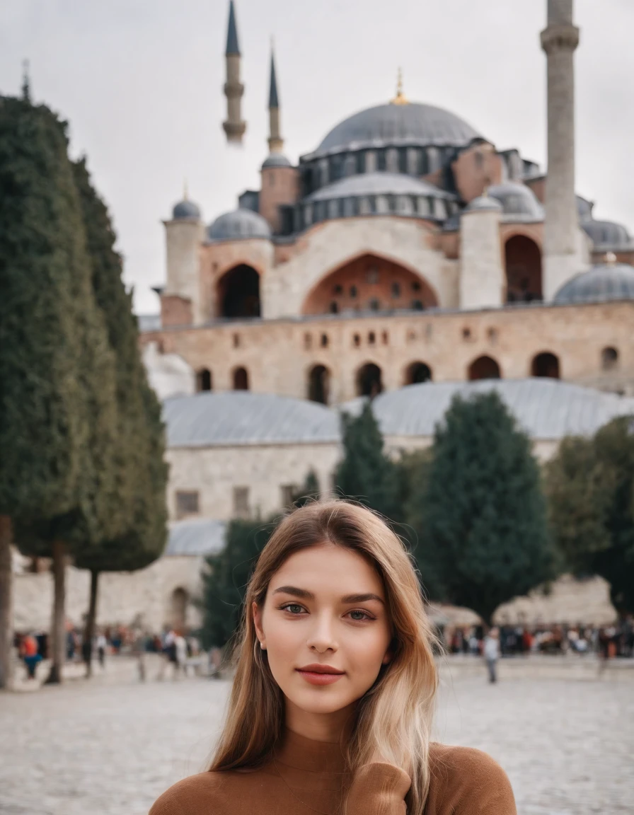 travellers, in the style of rap aesthetics, girl,Istanbul, Turkey, make for a memorable photo. The background is grandiose Topkapi Palace,photo taken with fujifilm superia, charly amani, oversized portraits, babycore, upper body