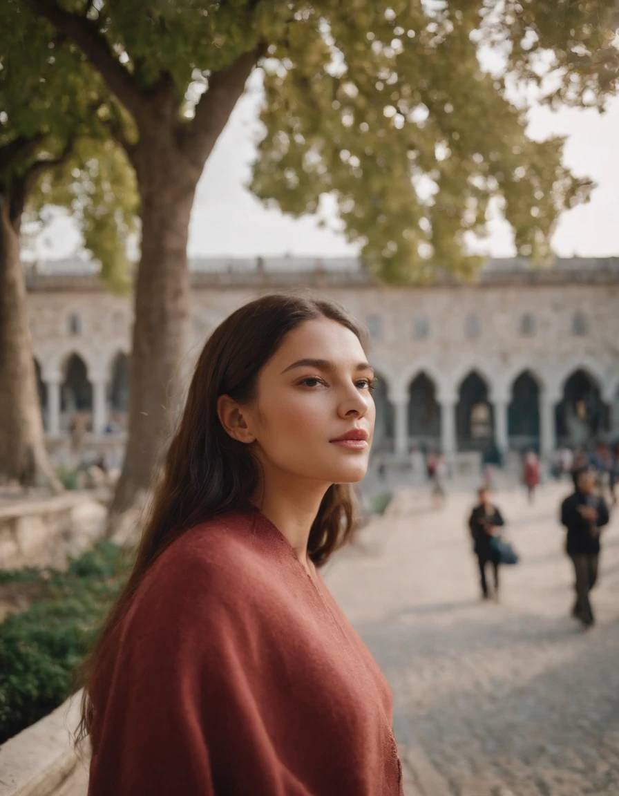 travellers, in the style of rap aesthetics, girl，Istanbul, Turkey， make for a memorable photo.   The background is grandiose Topkapi Palace，photo taken with fujifilm superia, charly amani, oversized portraits, babycore, upper body