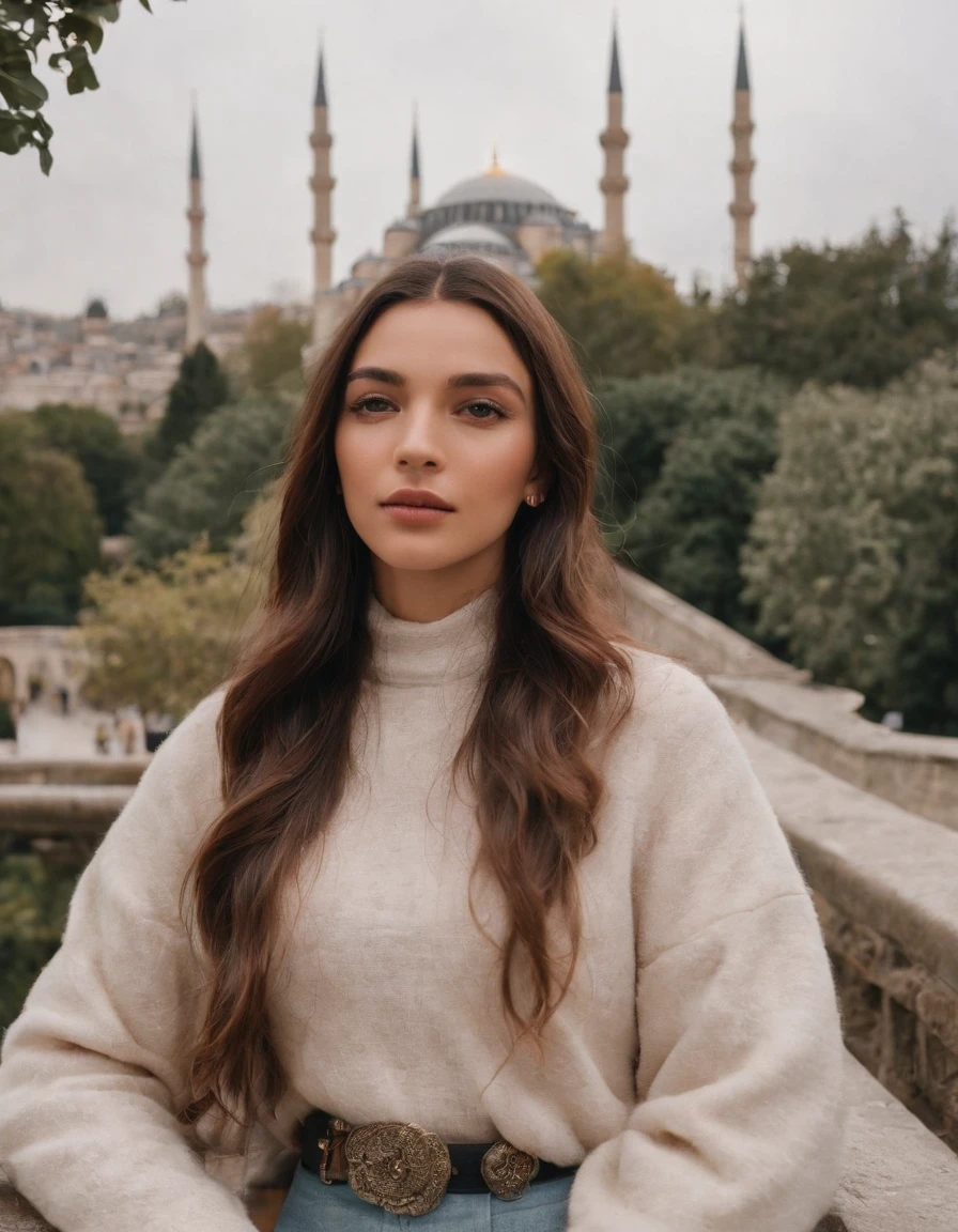 travellers, in the style of rap aesthetics, girl,Istanbul, Turkey, make for a memorable photo. The background is grandiose Topkapi Palace,photo taken with fujifilm superia, charly amani, oversized portraits, babycore, upper body
