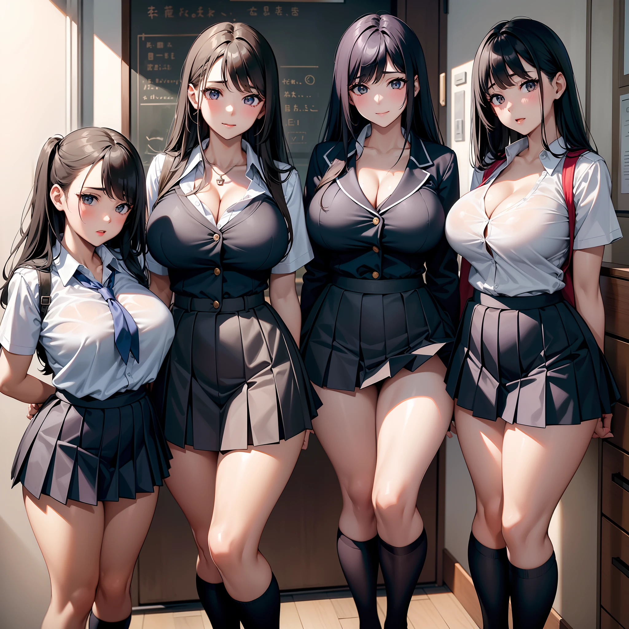 Trio of girls standing side by side、A dark-haired、Colossal tits、cleavage of the breast、tits out、Night School、a miniskirt、thighs thighs thighs thighs、Navy blue pleated skirt、White shirt with short sleeves、A sexy、Fornication、lascivious、teats