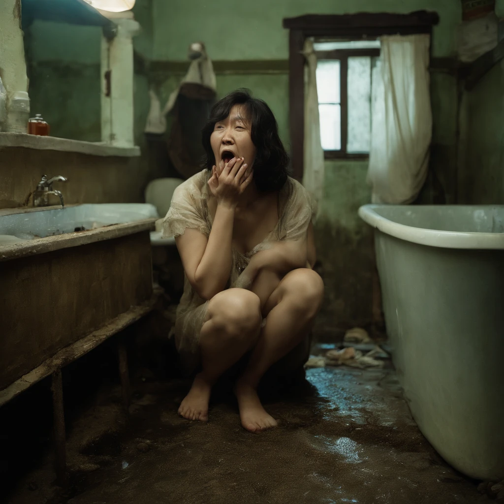 A disaster full of evil miasma and cursed and emitting a strong grudge々Old Altar、Old bathroom walls with dirty, peeling tiles and cracks、Contaminated and cloudy turbid currents flowing on the floor littered with rotting dead aquatic creatures, food waste, feces, vomit, and rotting seafood、Fat Japan woman in her 20s vomiting with mouth wide open with an expression of anguish