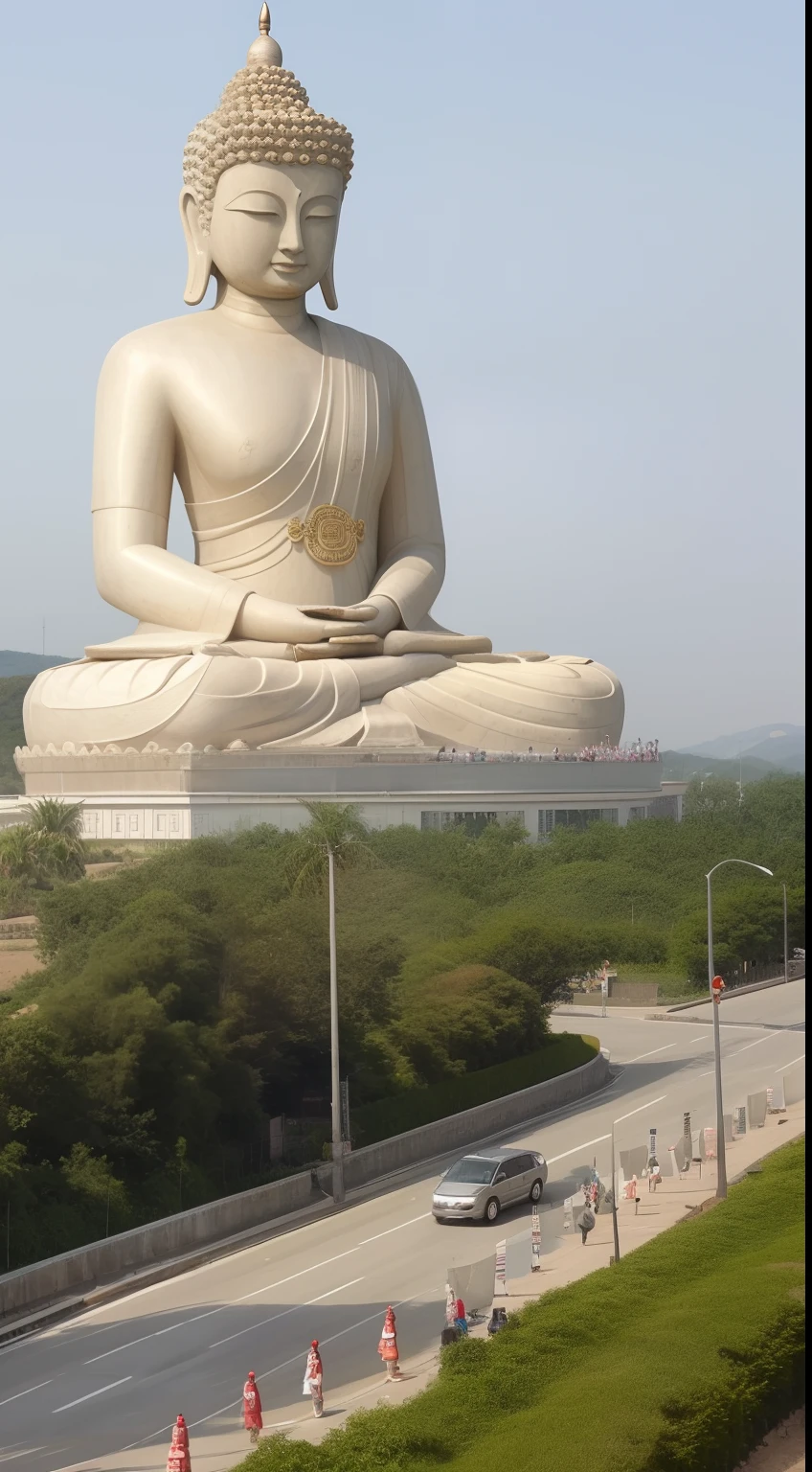 In the distance is a huge tall Buddha statue，Pilgrims on the road