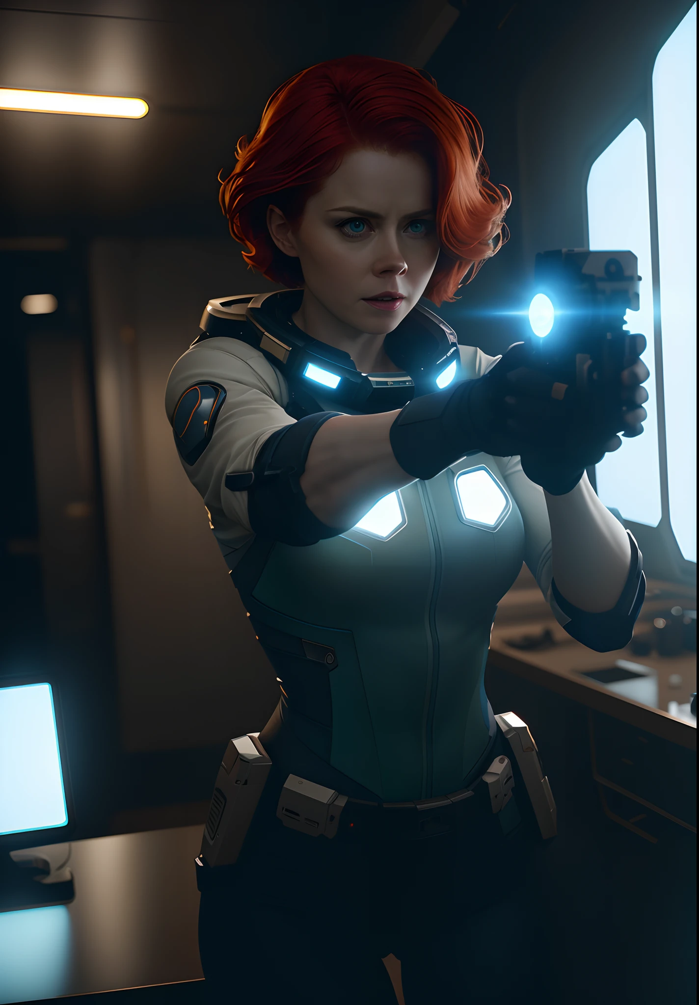 Hot terrified Sci fi Amy Adams with short hair holding a sci fi pistol on Ishimura Horror Space Ship photography, natural light, photorealism, cinematic rendering, ray tracing, the highest quality, the highest detail, Cinematic, Third-Person View, Blur Effect, Long Exposure, 8K, Ultra-HD, Natural Lighting, Moody Lighting, Cinematic Lighting