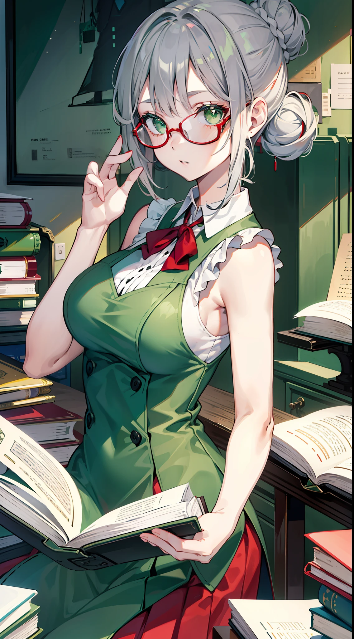 young girl, Gray hair in one bun, Green eyes, red glasses, Green Science Dress, White Elements, Sleeveless, open breasts, book, Masterpiece, hiquality, high detail, HD, 4k
