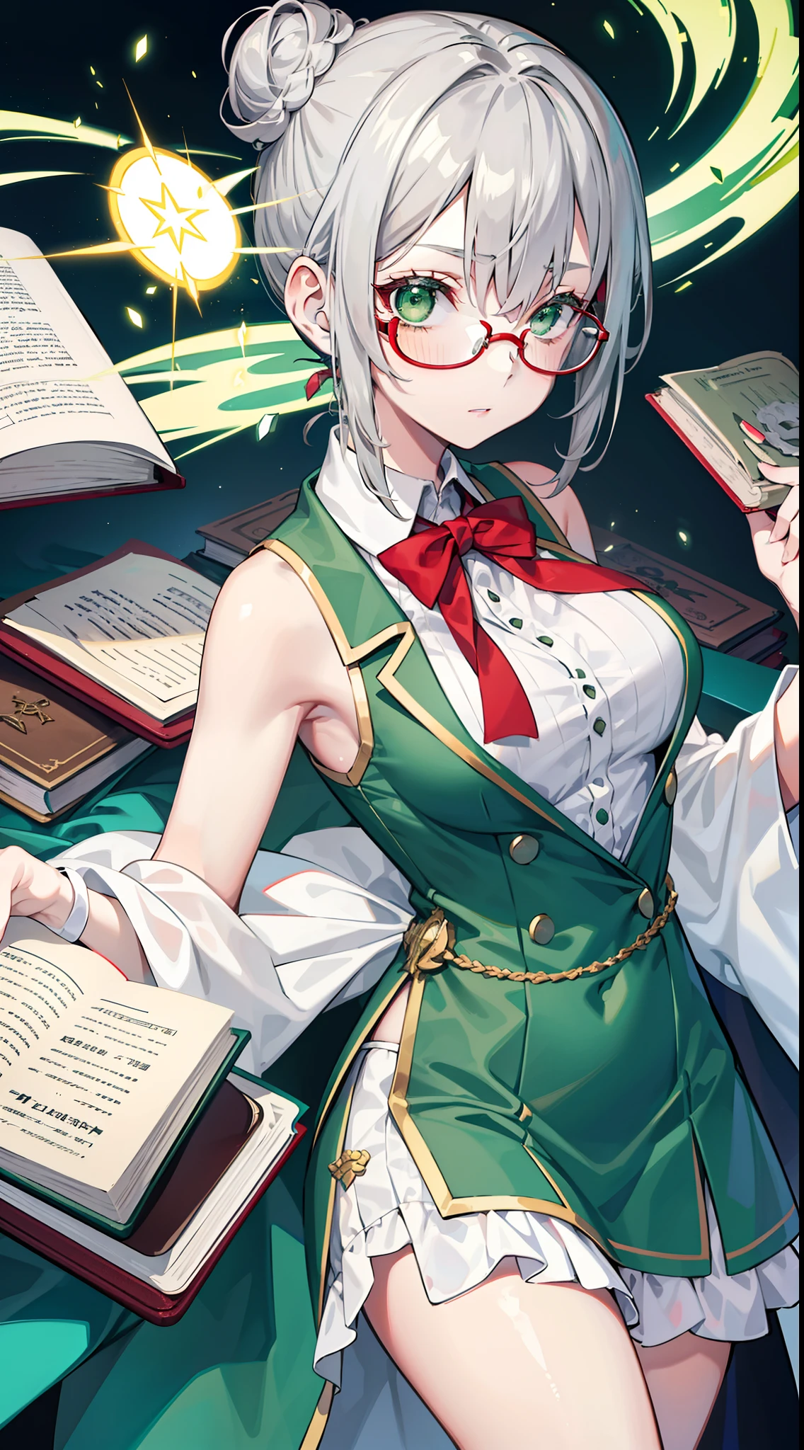 young girl, Gray hair in one bun, Green eyes, red glasses, Green Science Dress, White Elements, Sleeveless, open breasts, book, Masterpiece, hiquality, high detail, HD, 4k