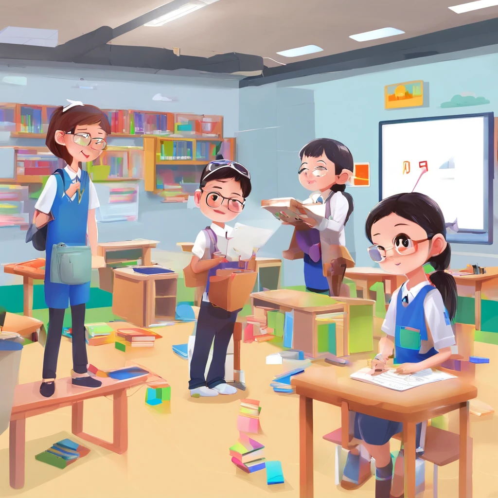 Depict a bright classroom，Full of technology atmosphere。Students in the classroom can use VR glasses for virtual reality learning，They can explore a variety of scenarios and knowledge in an immersive way。ao mesmo tempo，There are also students drawing cartoon characters，Show their creativity and artistic talent。Teachers are teaching students how to take pictures with their cameras，Develop their photography skills。Still others draw with brushes，Express your thoughts and feelings。ao mesmo tempo，There are also students exploring the inside of the classroom，Discover new knowledge and discoveries。There are even students operating drones to measure，Demonstrate the application and innovation of technology。The entire illustration can be laid out vertically，to highlight the faces and expressions of the characters，This illustration is suitable for commercial use，Can be used for education-related advertising、promotional materials, etc，Show the technology and innovation of modern education。