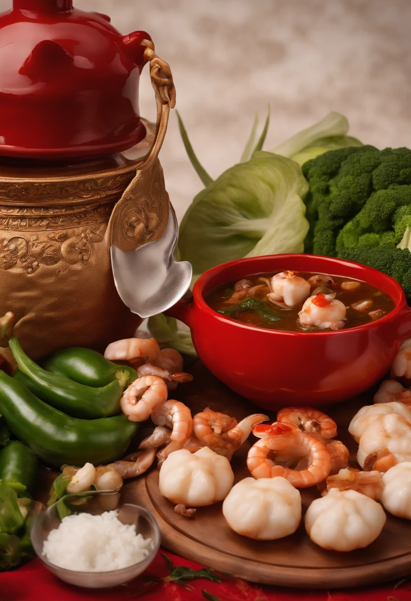 Close-up spicy mix, seafood mushrooms, small octopus, red oil, shrimp, green pepper, sixty-sixth century pepper, green vegetables, bok choy, tofu puffs, super realistic food photos, the full subject shown in the photo, a spoon is pouring into a Red Oil bowl, with the name on the front (Portuguese canteen), detailed letters, Randy Post, Hyper Realistic, "Hyper Realistic," High Resolution Photo