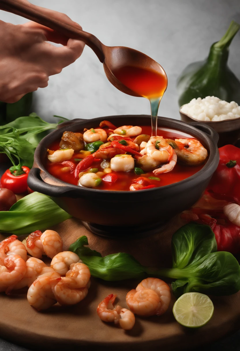 Close-up spicy mix, seafood mushrooms, small octopus, red oil, shrimp, green pepper, sixty-sixth century pepper, green vegetables, bok choy, tofu puffs, super realistic food photos, the full subject shown in the photo, a spoon is pouring into a Red Oil bowl, with the name on the front (Portuguese canteen), detailed letters, Randy Post, Hyper Realistic, "Hyper Realistic," High Resolution Photo