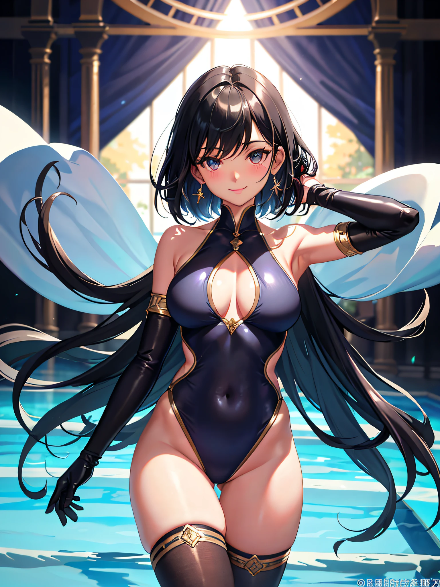 masterpiece、beautiful lighting、Detailed beautiful face、Detailed beautiful eyes、A high-resolution、Ultra-fine illustration、extremely delicate and beautiful、maximum quality、The whole body is shown、(A MILF:1.2), solo, 30s,(dark skinned:1.7), (Black hair, Shortcut Hair,Jade eyes),, Curvaceous, (lustrous Some hair, shiny eyes, shinny skin), laugh, a smiling look, (Radiant skin:1.2), 、thighhights、Covered navel、pelvic curtain、gloves、Elbow gloves、armpits、a smiling look、black thighhighs、Watch your audience、earings、(crouch)、thighhights、with arms up、under boob、blushed、perspiration、gemstones、thick thigh、gloves、Bangs、arm behind head、(Competitive swimsuit)、Spread your legs、Parting lips、pantyhose、Blushing cheeks、background a pool、brightly lit