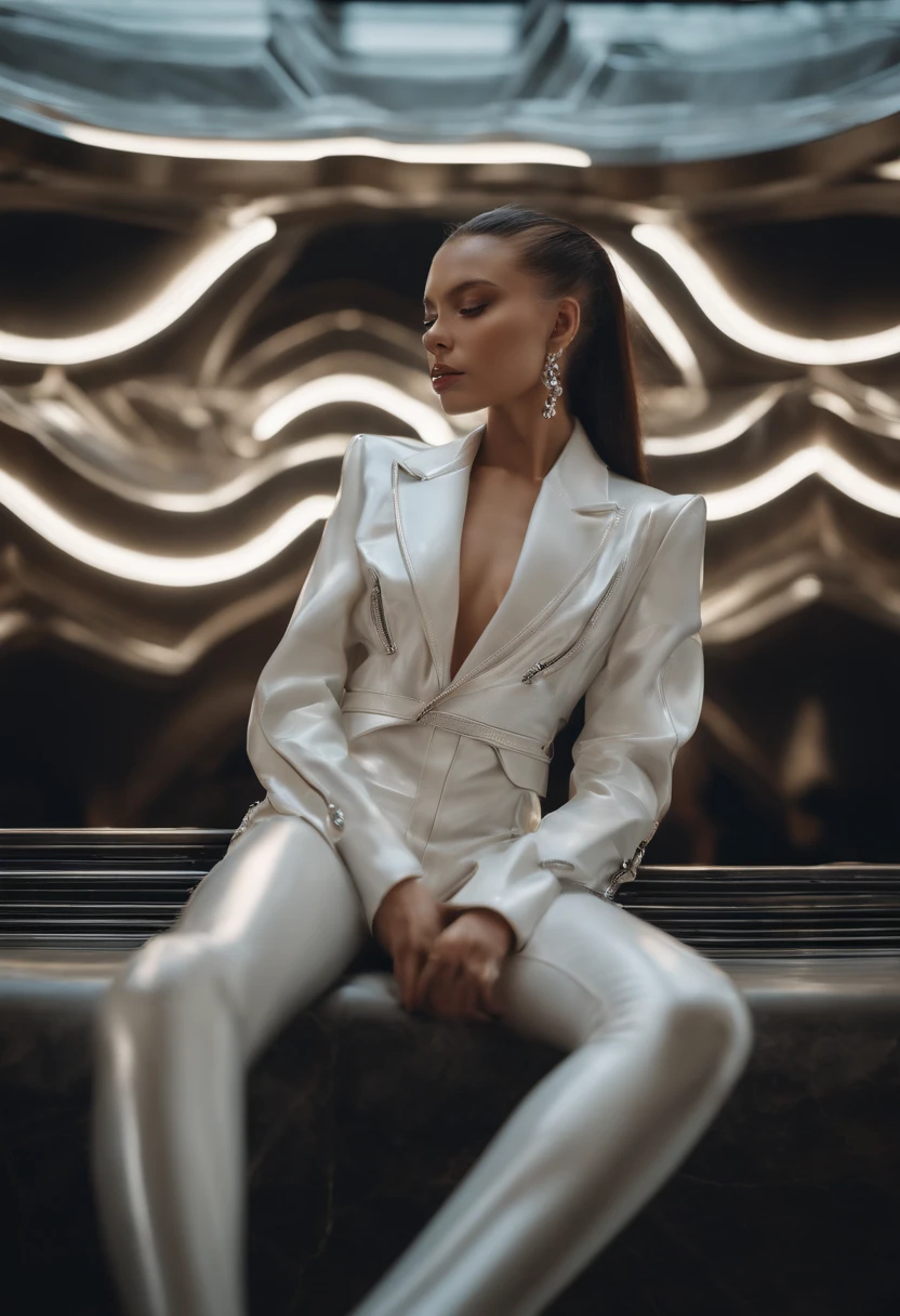 well lit fashion shoot portrait of extremely beautiful female marble statue in a dynamic pose wearing latex outfit by dingyun zhang, yeezy, balenciaga, vetements, a cold wall, sharp focus, clear, detailed, cinematic, detailed, off white, glamourous, symmetrical, vogue, editorial, fashion, magazine shoot, glossy