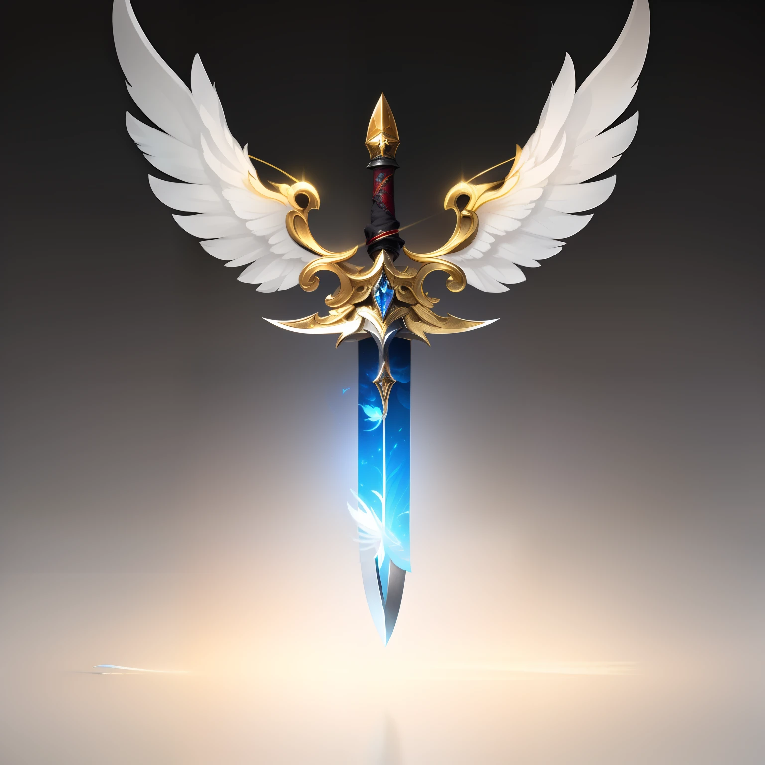 (masterpiece, top quality, best quality, official art, beautiful and aesthetic:1.2),(8k, best quality, masterpiece:1.2),
huizhang, artist_name, feathered_wings, feathers, gem, glowing, gold_trim, gradient, gradient_background, grey_background, no_humans, signature, solo, white_wings, wings, simple_background, weapon, sword, english_text, reflection, fantasy, zoom_layer, still_life,