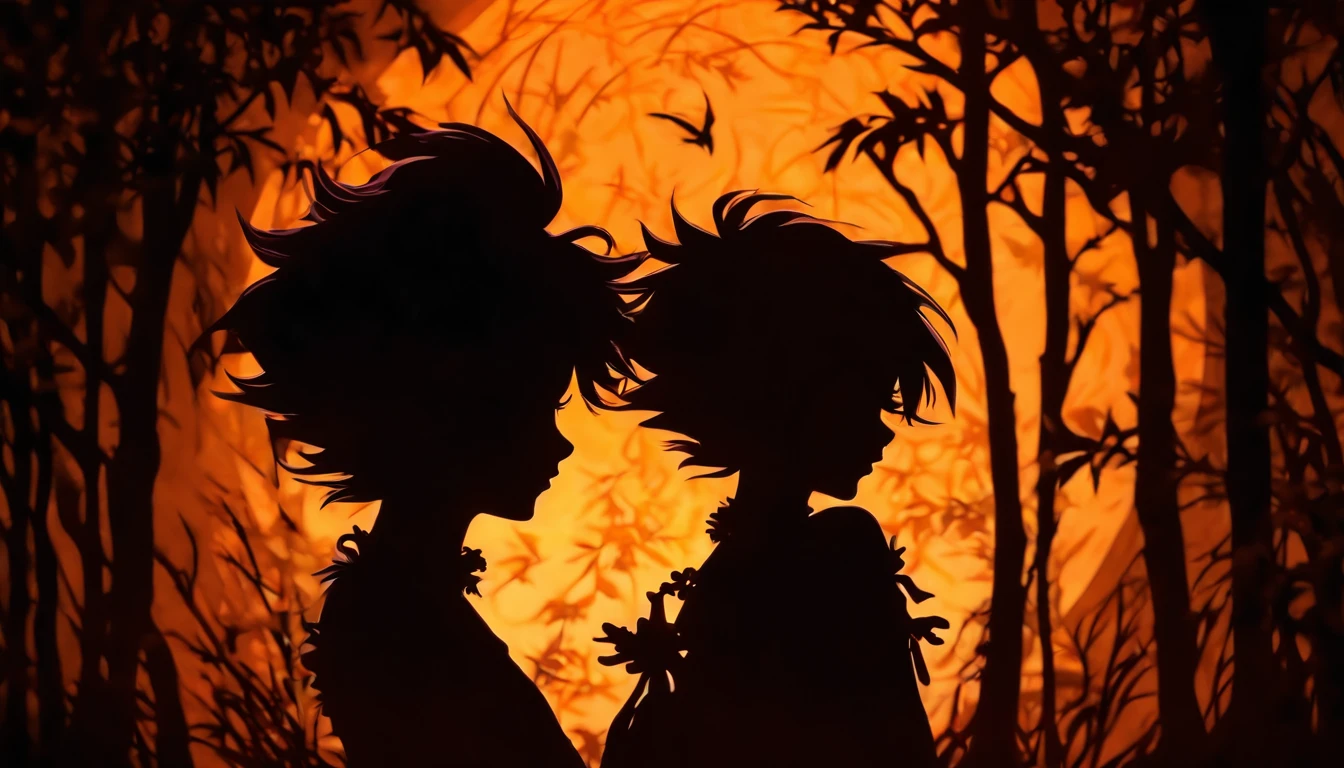 (Silhouette Art,cutouts:1.6)
(((Paper cutting art,A world where only black exists:1.3)
(Halloween,profile:1.2),white, Clear and beautiful face,Sunrise behind
break
(morning glow、Viola Grass:6.1)
Textured glass background,Arcana World