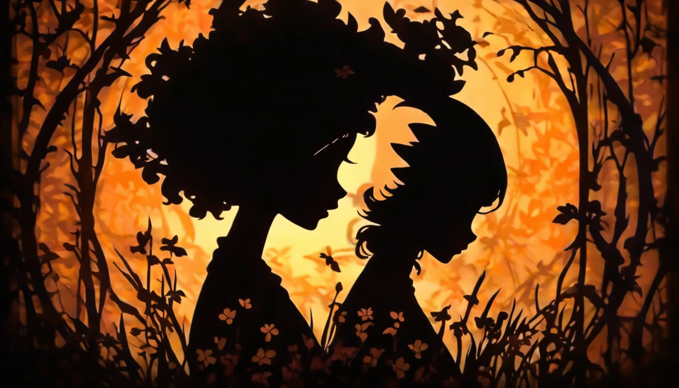 a painting of a person standing in a forest at night with a castle in the background, big moon, river, flowers , by Lotte Reiniger