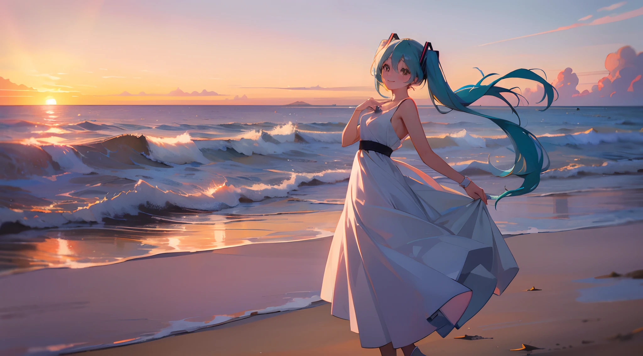 Mature Hatsune Miku on the beach, sunset, pretty, modern, white dress, masterpiece, smile