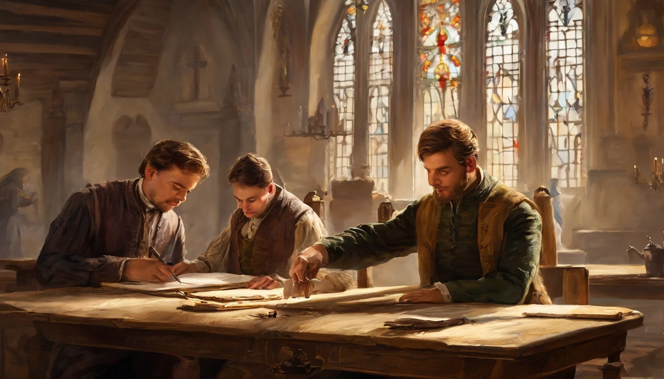 Six 20-year-old men,Sit side by side from left to right in the room,A boy holds an architectural drawing in his hand， A boy holds a wooden ruler in his hand，A boy holds a drawing board in his hand，A boy holds a paintbrush in his hand，The two boys talk to each other，Make a gesture to something，Background: A long wooden table，Sit side by side，Above are churches from the first half of the 20th century，Gothic round windows in the middle of the picture，The light from the back window is backlighted，toplight， High quality shadows, High quality of light, High quality clothing, Masterpiece picture quality, max detail, Masterpiece quality.