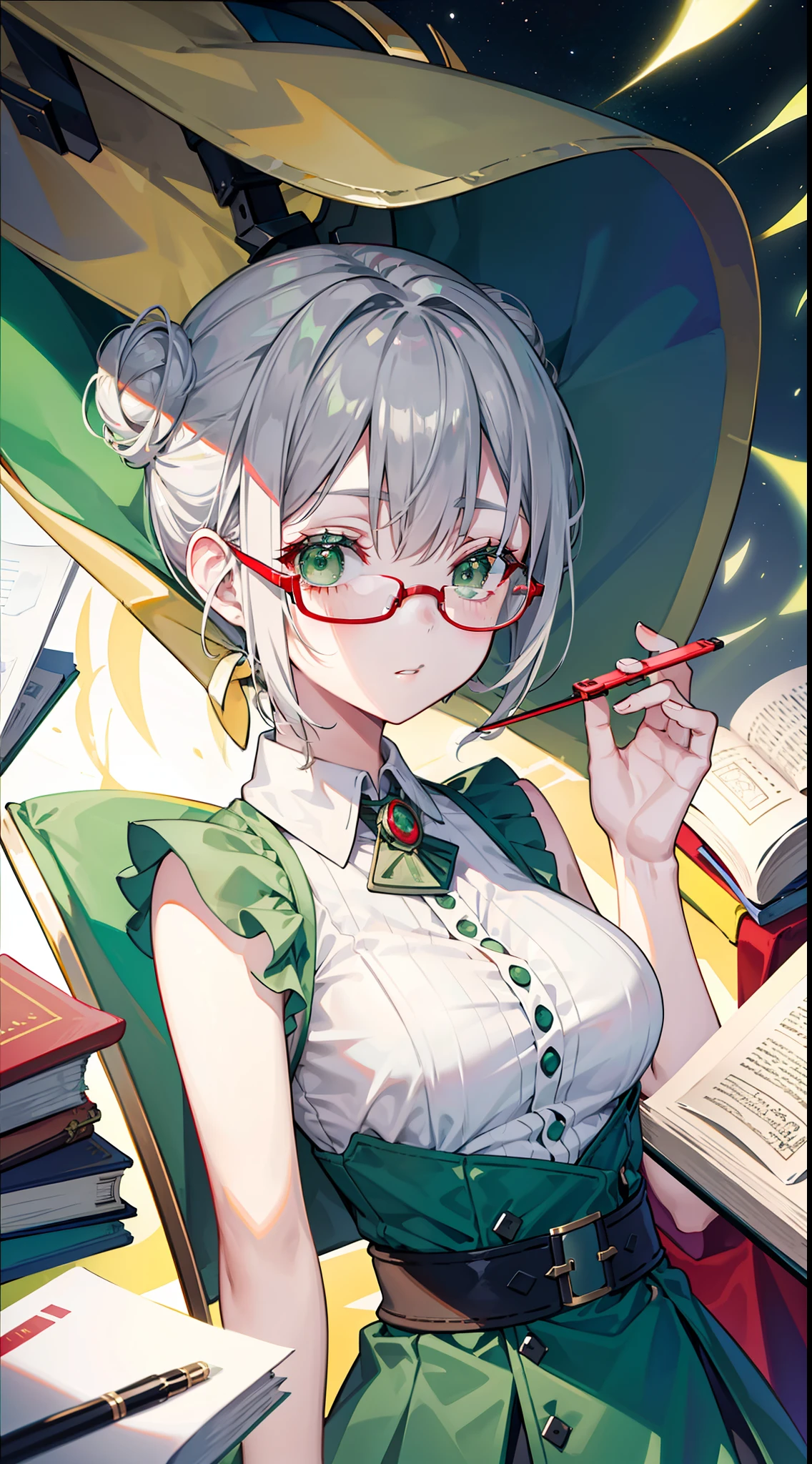 young girl, Gray hair in one bun, Green eyes, red glasses, Green Science Dress, White Elements, Sleeveless, open breasts, book, Masterpiece, hiquality, high detail, HD, 4k