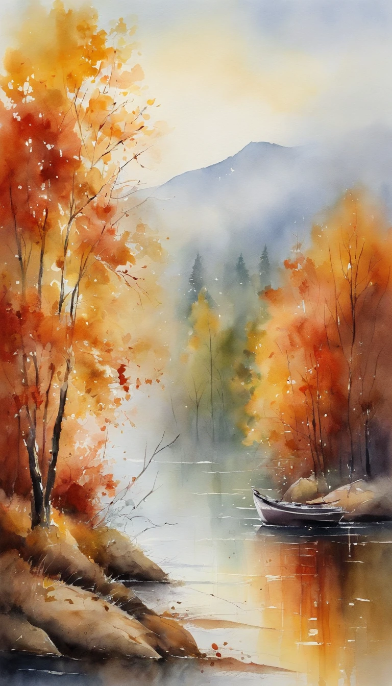 tmasterpiece, top-quality, high detal, Impressionism, Autumn morning, Cruise along the lake in the morning mist, haze, Cinematic light,