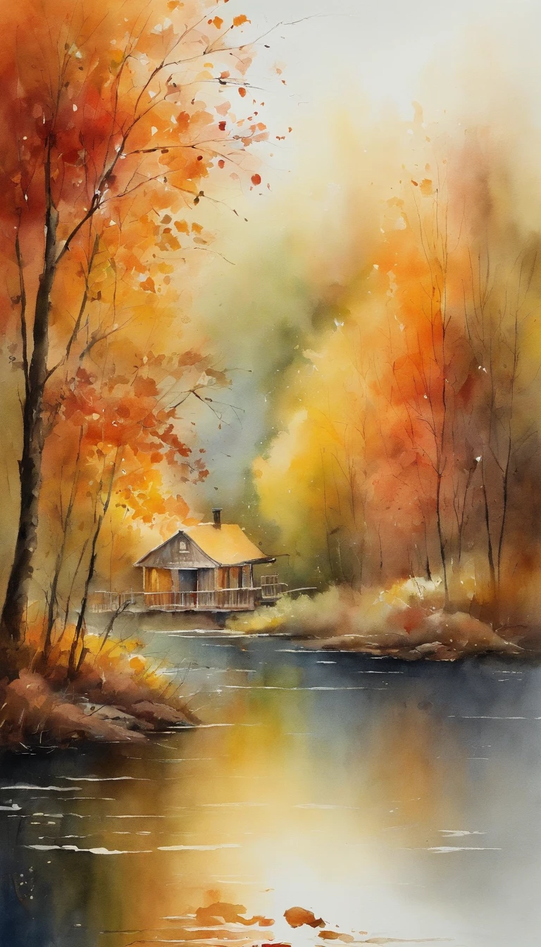 tmasterpiece, top-quality, high detal, Impressionism, Autumn morning, Cruise along the lake in the morning mist, haze, Cinematic light,