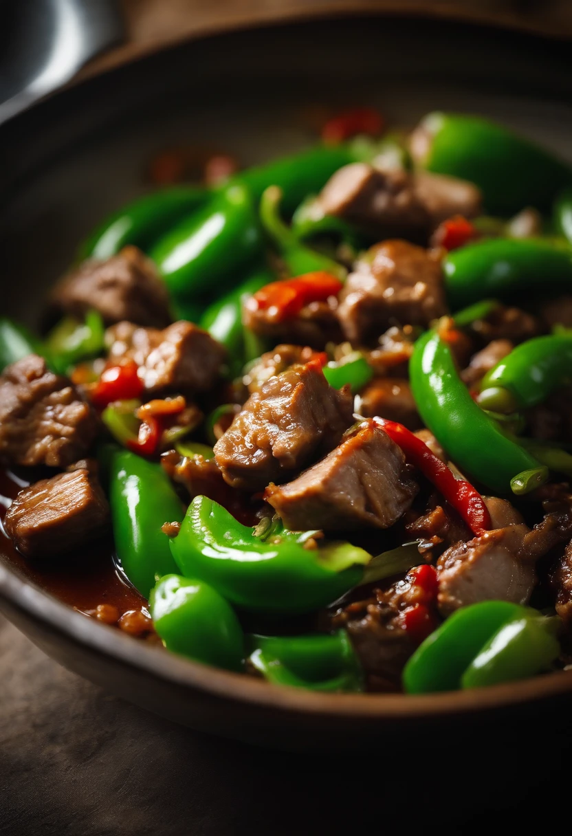 In the bowl,Stir-fried meat with chili,Green peppers,pork meat
