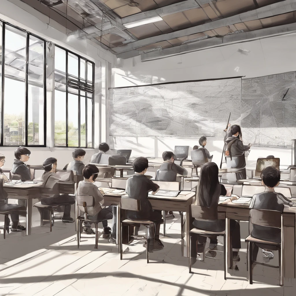 Depict a bright classroom，Full of technology atmosphere。Students in the classroom can use VR glasses for virtual reality learning，They can explore a variety of scenarios and knowledge in an immersive way。ao mesmo tempo，There are also students drawing cartoon characters，Show their creativity and artistic talent。Teachers are teaching students how to take pictures with their cameras，Develop their photography skills。Still others draw with brushes，Express your thoughts and feelings。ao mesmo tempo，There are also students exploring the inside of the classroom，Discover new knowledge and discoveries。There are even students operating drones to measure，Demonstrate the application and innovation of technology。The entire illustration can be laid out vertically，to highlight the faces and expressions of the characters，This illustration is suitable for commercial use，Can be used for education-related advertising、promotional materials, etc，Show the technology and innovation of modern education。