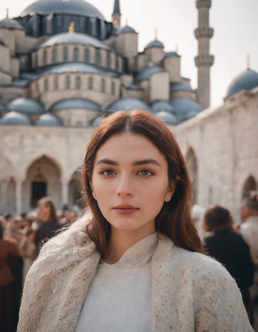 travellers, in the style of rap aesthetics, girl,Istanbul, Turkey, make for a memorable photo. The background is Blue Mosque ,photo taken with fujifilm superia, charly amani, oversized portraits, babycore, upper body