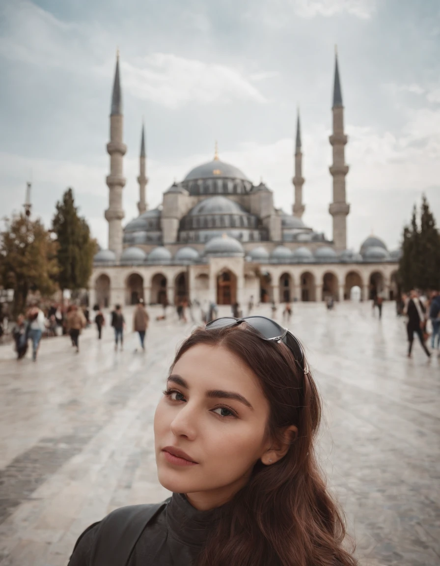 travellers, in the style of rap aesthetics, girl，Istanbul, Turkey， make for a memorable photo.   The background is Blue Mosque ，photo taken with fujifilm superia, charly amani, oversized portraits, babycore, upper body