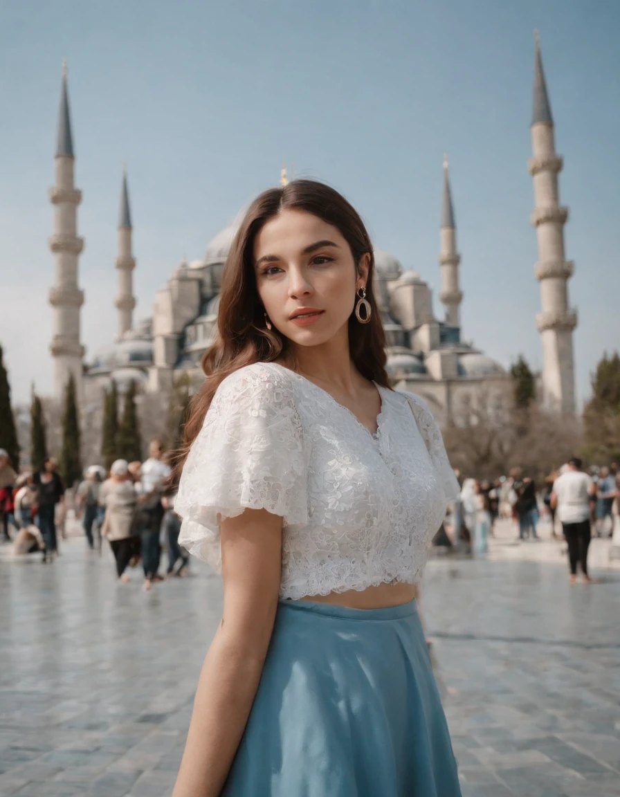 travellers, in the style of rap aesthetics, girl，Istanbul, Turkey， make for a memorable photo.   The background is Blue Mosque ，photo taken with fujifilm superia, charly amani, oversized portraits, babycore, upper body