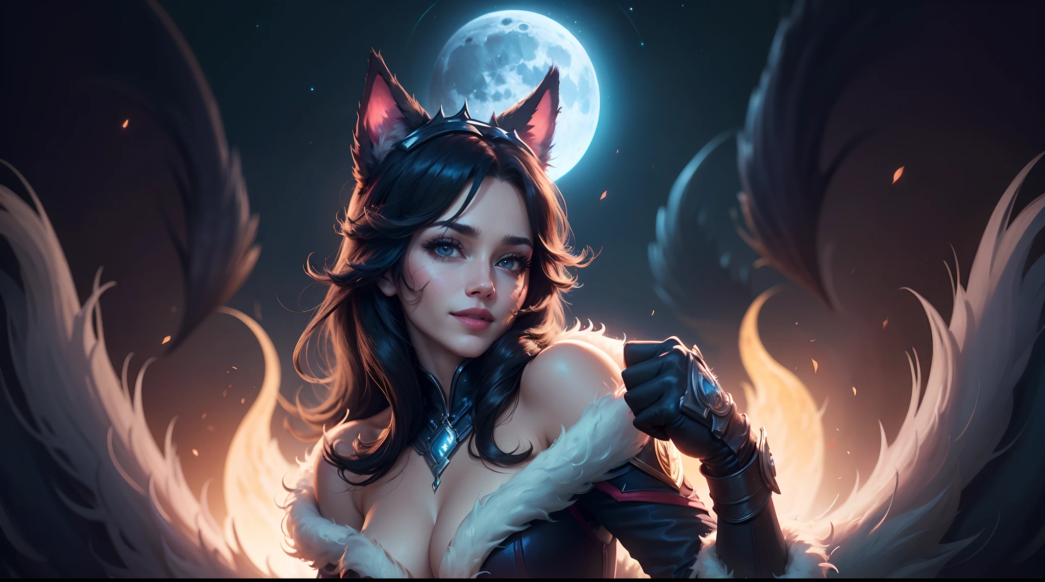 (masterpiece, best quality), intricate detail, 1 girl, solo, midnight ahri, dress, fur trim, animal ears, cleavage, whisker markings, long hair, multiple tails, closed mouth, light smile, portrait, lookin at viewer, cinematic, dark atmosphere, moon glow, dark fire burning background, volumetric lighting, half body, black background, (fists up)