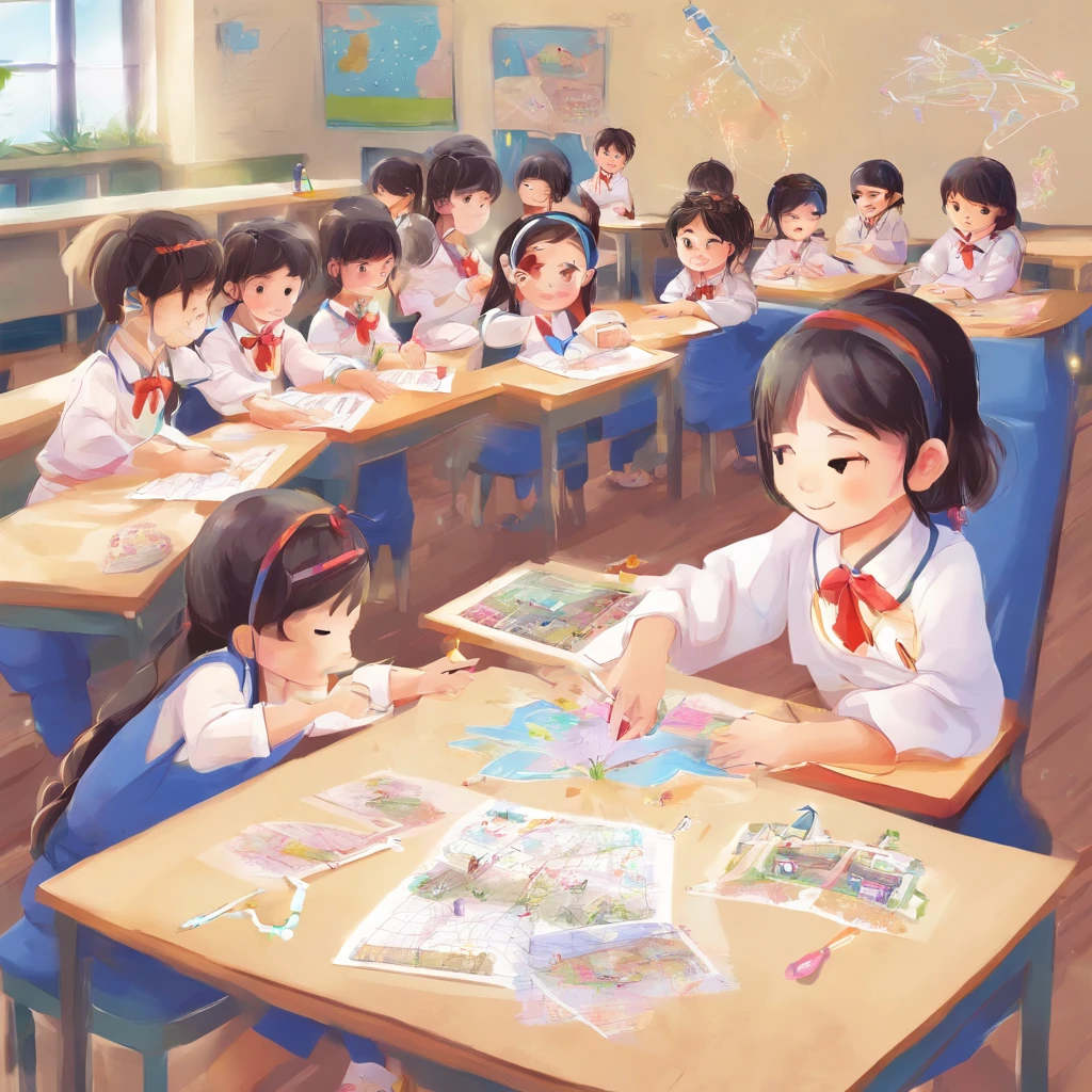 Depict a bright classroom,Full of technology atmosphere。Students in the classroom can use VR glasses for virtual reality learning,They can explore a variety of scenarios and knowledge in an immersive way。ao mesmo tempo,There are also students drawing cartoon characters,Show their creativity and artistic talent。Teachers are teaching students how to take pictures with their cameras,Develop their photography skills。Still others draw with brushes,Express your thoughts and feelings。ao mesmo tempo,There are also students exploring the inside of the classroom,Discover new knowledge and discoveries。There are even students operating drones to measure,Demonstrate the application and innovation of technology。The entire illustration can be laid out vertically,to highlight the faces and expressions of the characters,This illustration is suitable for commercial use,Can be used for education-related advertising、promotional materials, etc,Show the technology and innovation of modern education。