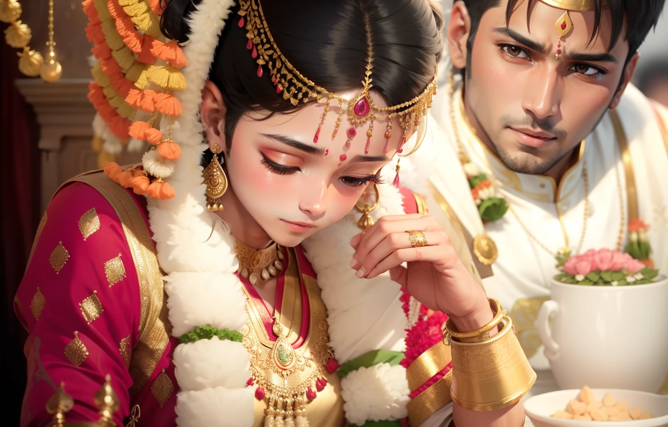 Men puting necklace in girls necke, happy, blushing, indian wedding, traditional Indian wedding, 2d anime style. Necklace in men hand. Both blushing,